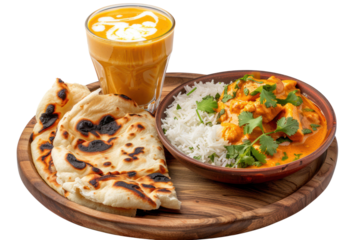 Delicious Indian meal with butter chicken, rice, naan, and a refreshing mango lassi served on a wooden plate.