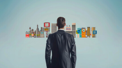 A businessman's back facing a row of signs symbolizing diverse businesses and buildings, isolated against a clean background.