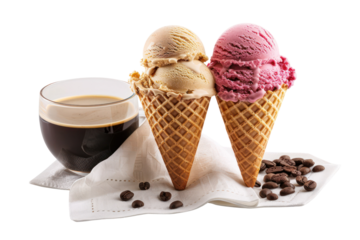 Delicious waffle cones with coffee and berry ice cream served with a cup of espresso and coffee beans on a white napkin.