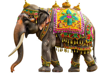 Festively decorated elephant adorned with vibrant and intricate traditional designs, perfect for cultural and artistic use.