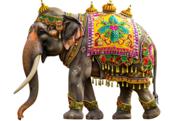Festively decorated elephant adorned with vibrant and intricate traditional designs, perfect for cultural and artistic use.