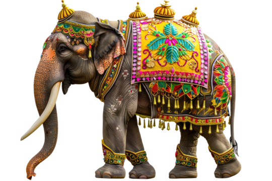 Festively decorated elephant adorned with vibrant and intricate traditional designs, perfect for cultural and artistic use.