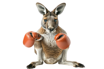 Funny kangaroo wearing boxing gloves, ready to fight. Unique and amusing depiction of a kangaroo in a boxing stance.