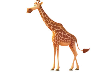 Obraz premium Cartoon giraffe standing tall with a friendly expression, showcasing its long neck and distinctive patterns against a white background.