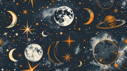 Naklejka premium Seamless pattern featuring a variety of celestial elements such as moons, stars, and galaxies.