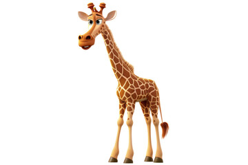 Fototapeta premium A charming animated giraffe stands gracefully, showcasing its tall neck and unique spots against a clean background. Perfect for children's content.