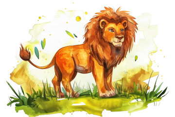 Watercolor illustration of a majestic lion standing among green grass,  regal presence.