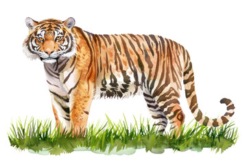 Obraz premium Illustrated tiger standing on grass, showcasing its majestic stripes and powerful presence in a natural setting.