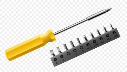 Phillips screwdriver with set of metal bits for screwdriver isolated on white background. Bits for bolts and screws. Bits for electric drill or cordless screwdriver. Realistic 3d vector