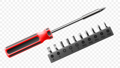 Fototapeta premium Phillips screwdriver with set of metal bits for screwdriver isolated on white background. Bits for bolts and screws. Bits for electric drill or cordless screwdriver. Realistic 3d vector