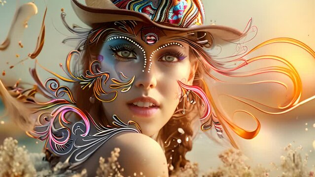 Model, cowboy hat, painted pattern