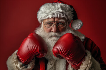 Santa Claus wearing boxing gloves ready for a match. Concept of festive sports background.