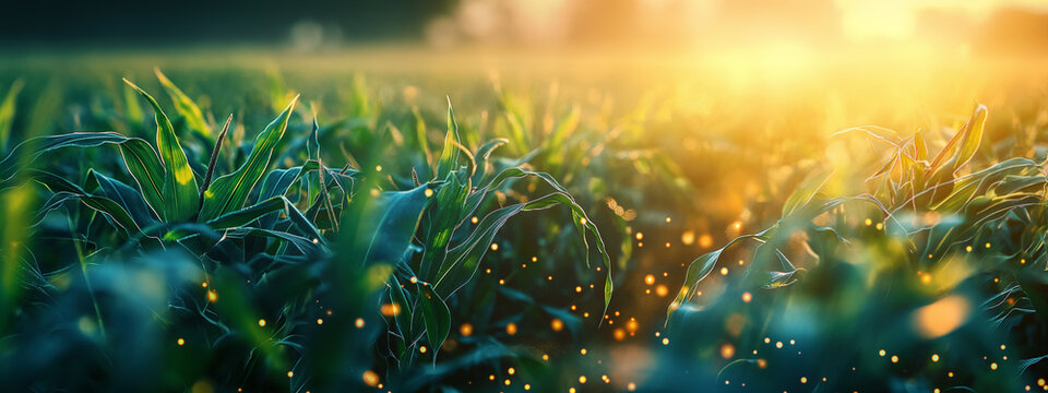 Green cornfield with glowing fireflies at sunset. Concept of magical rural background. - Powered by Adobe