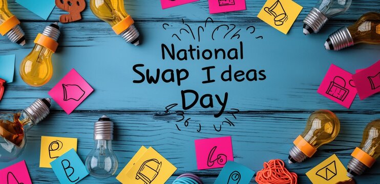 National Swap Ideas Day text with light bulbs and sticky notes. Concept of creativity and innovation background. - Powered by Adobe