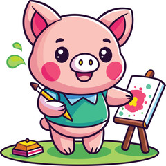Cute pig with a brush paints painting