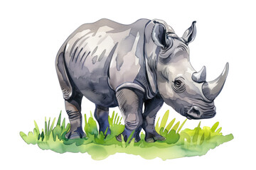 Obraz premium Watercolor illustration of a rhinoceros grazing on grass. Colorful wildlife art featuring majestic animal in natural habitat.