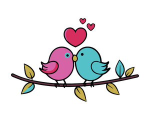 birds love on branch valentine color silhouette carton art