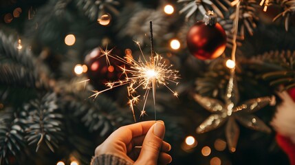 hand holding a burning sparkler, christmas and new year holiday background