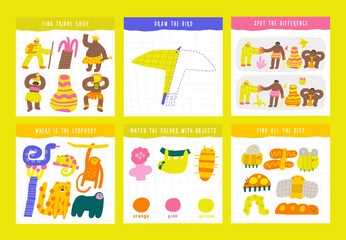 Learn jungle forest tribe games set for kids. Cute hand drawn doodle funny rain forest puzzle with tribe people, chief, shaman, woman, explorer. Educational worksheet, mind task, riddle, strategy quiz