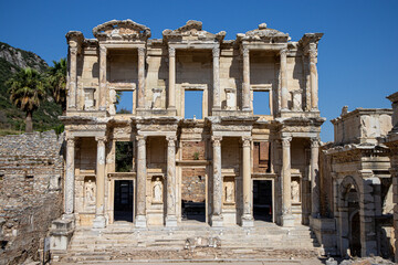 Buildings and artifacts in the library section of the ancient city of Ephesus