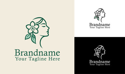 Floral Woman Skincare Logo Design in Green and Monochrome