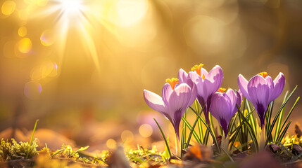 Closeup violet spring crocuses blossom in the beautiful morning outdoor, Spring flowers with sunlight in the forest in April, Background, Spring crocus blossoms, Beautiful purple blooming flowers 
