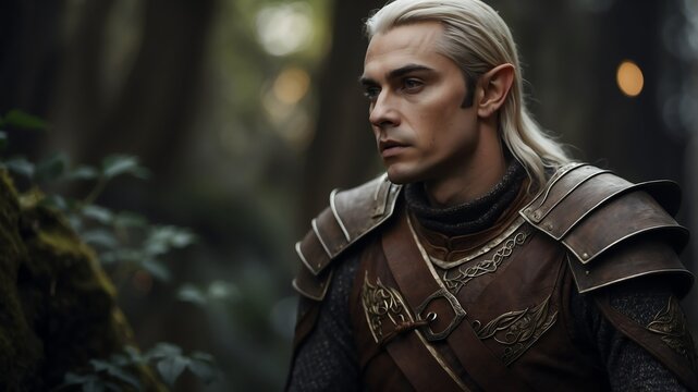 male elf character on medieval fantasy background