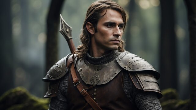 male elf warrior character on medieval fantasy background - Powered by Adobe