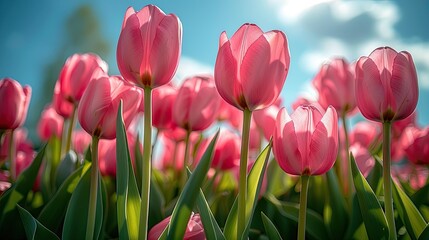 pink tulips against blue sky HD 8K wallpaper Stock Photographic Image  