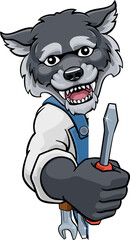 Wolf Electrician Handyman Holding Screwdriver