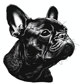 recommend clip art: A black and white drawing of a french bulldog dog