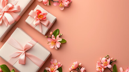 Gifts adorned with pink ribbon bows and flower buds against a peach-colored background. Perfect for designing banners for occasions like Valentine's Day, Mother's Day, and International Women's Day.