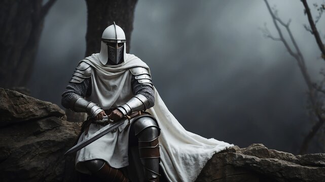 white theme crusader warrior character on medieval fantasy background