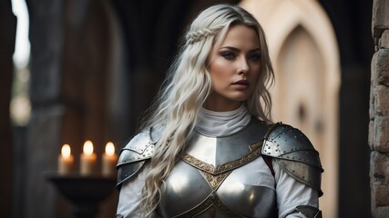 white theme female crusader warrior character on medie medieval fantasy background