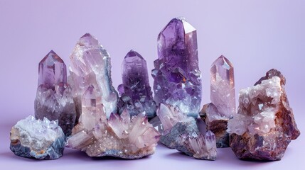 A collection of purple crystals and rocks are arranged in a row. The crystals are of various sizes and shapes, and they are all different colors. Scene is calm and serene, as the crystals