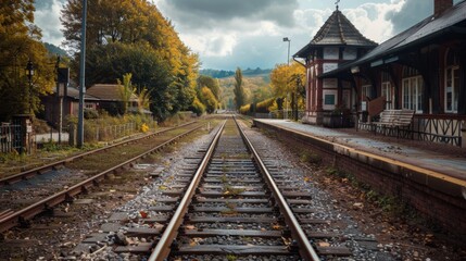 Fototapeta premium The train stopping at a quaint station allowing passengers to explore and take photos.