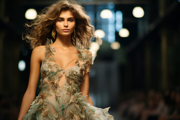 Naklejka premium AI generated portrait of beautiful fashion model on stage catwalk