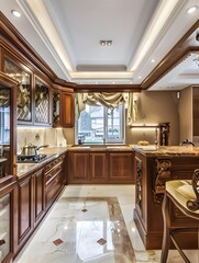 Luxury home kitchen interior with bar counter and cooking cabinet near window