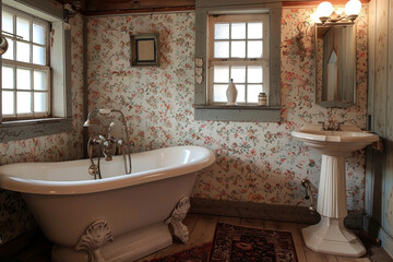 A cozy bathroom with a vintage feel, featuring a clawfoot tub, a pedestal sink, and floral wallpaper. The room has a charming, old-world atmosphere.