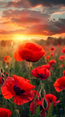 Obraz premium poppy flowers in the sunset, Veterans day concept, created with generative AI technology