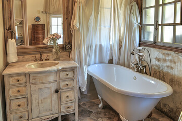 A cozy, vintage bathroom with a pedestal sink, a clawfoot bathtub, and a vintage-style vanity with a marble top. The room has a charming, old-world feel.