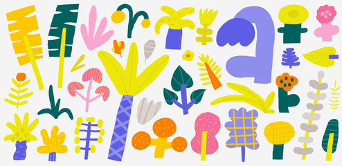 Cute jungle funny hand drawn doodle plants set with flowers, trees, palm, monstera, leaf, branch, grass. Cartoon style nature elements set. Forest, wood, rainforest botany, decorative collection © nadineveresk