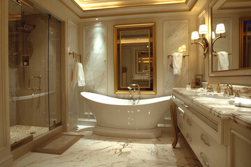 A luxurious bathroom with a freestanding bathtub, a large mirror with a gold frame, and marble countertops. The room is decorated with elegant finishes and soft lighting.