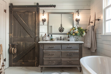 A modern farmhouse bathroom with shiplap walls, a sliding barn door, and a rustic wooden vanity. The room is decorated with vintage accessories and fresh flowers.