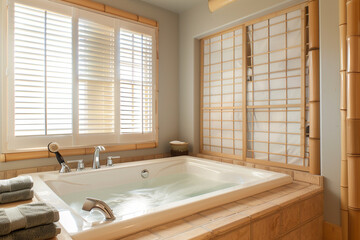 A serene bathroom with a Japanese soaking tub, bamboo accents, and shoji screen walls. The room is illuminated by soft, natural light.