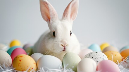 Easter background with a close up of a white rabbit surrounded by colorful eggs on a white backdrop