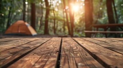 Fototapeta premium Wooden Table in a Forest Campsite