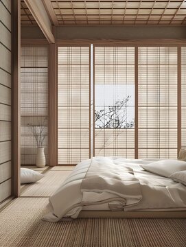 minimalist Japanese-style bedroom with tatami mats, futon beds, and sliding shoji screens for a simple, tranquil sleeping space