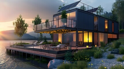 Fototapeta premium Modern shipping container house home, tiny house in sunny day. Shipping container houses is sustainable, eco-friendly living accommodation or holiday home
