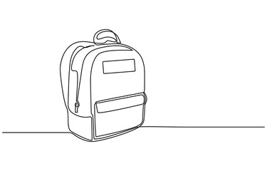 Single one line drawing of school bag for kindergarten student. Back to school minimalist, education concept, Continuous one line drawing of school bag or backpack. School bag outline vector 